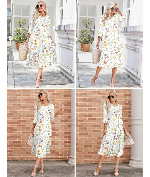 HOTOUCH Women's 3/4 Sleeve A-line and Flare Midi Long Dress