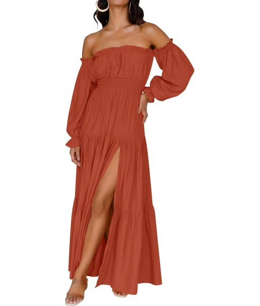 ZESICA Women's 2025 Boho Sexy Off Shoulder Long Sleeve Smocked High Waist Side Split Flowy A Line Tiered Long Maxi Dress