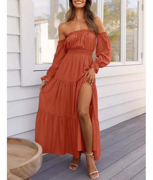 ZESICA Women's 2025 Boho Sexy Off Shoulder Long Sleeve Smocked High Waist Side Split Flowy A Line Tiered Long Maxi Dress