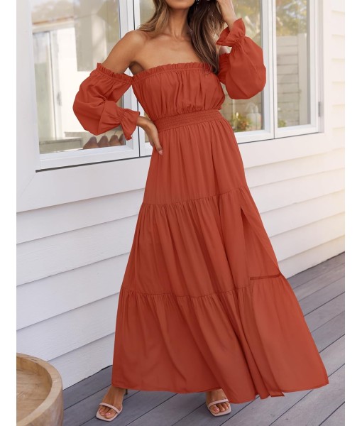 ZESICA Women's 2025 Boho Sexy Off Shoulder Long Sleeve Smocked High Waist Side Split Flowy A Line Tiered Long Maxi Dress