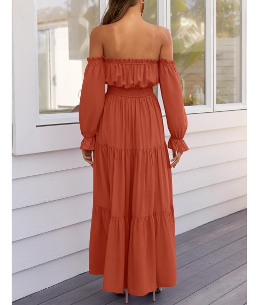 ZESICA Women's 2025 Boho Sexy Off Shoulder Long Sleeve Smocked High Waist Side Split Flowy A Line Tiered Long Maxi Dress