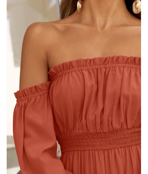ZESICA Women's 2025 Boho Sexy Off Shoulder Long Sleeve Smocked High Waist Side Split Flowy A Line Tiered Long Maxi Dress