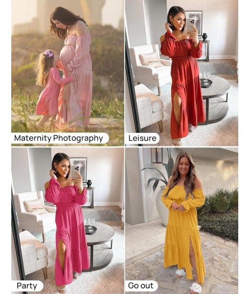ZESICA Women's 2025 Boho Sexy Off Shoulder Long Sleeve Smocked High Waist Side Split Flowy A Line Tiered Long Maxi Dress