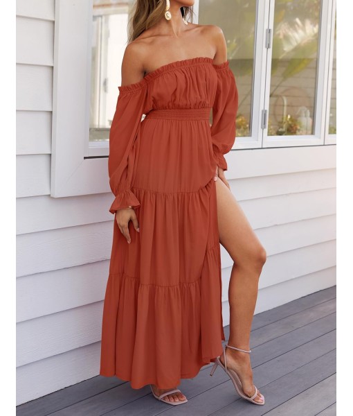 ZESICA Women's 2025 Boho Sexy Off Shoulder Long Sleeve Smocked High Waist Side Split Flowy A Line Tiered Long Maxi Dress