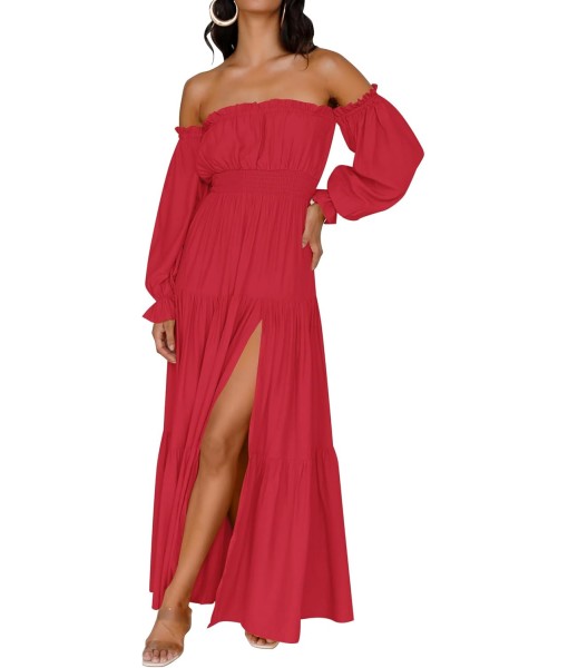 ZESICA Women's 2025 Boho Sexy Off Shoulder Long Sleeve Smocked High Waist Side Split Flowy A Line Tiered Long Maxi Dress