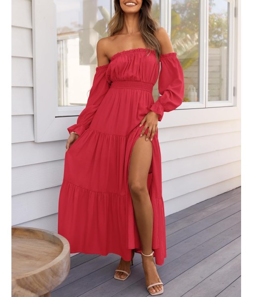 ZESICA Women's 2025 Boho Sexy Off Shoulder Long Sleeve Smocked High Waist Side Split Flowy A Line Tiered Long Maxi Dress