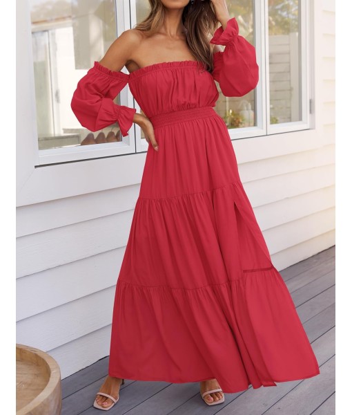 ZESICA Women's 2025 Boho Sexy Off Shoulder Long Sleeve Smocked High Waist Side Split Flowy A Line Tiered Long Maxi Dress