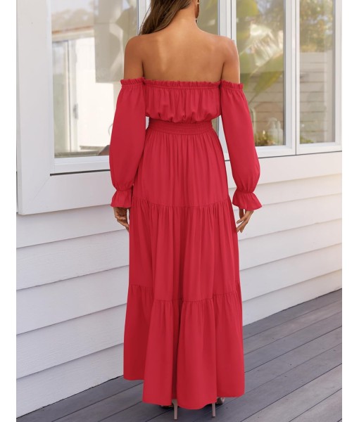 ZESICA Women's 2025 Boho Sexy Off Shoulder Long Sleeve Smocked High Waist Side Split Flowy A Line Tiered Long Maxi Dress