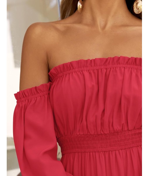 ZESICA Women's 2025 Boho Sexy Off Shoulder Long Sleeve Smocked High Waist Side Split Flowy A Line Tiered Long Maxi Dress