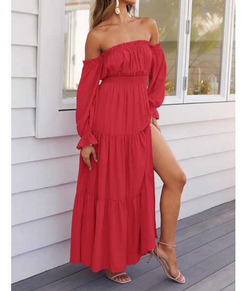 ZESICA Women's 2025 Boho Sexy Off Shoulder Long Sleeve Smocked High Waist Side Split Flowy A Line Tiered Long Maxi Dress