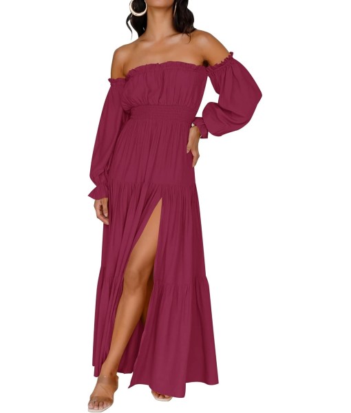 ZESICA Women's 2025 Boho Sexy Off Shoulder Long Sleeve Smocked High Waist Side Split Flowy A Line Tiered Long Maxi Dress