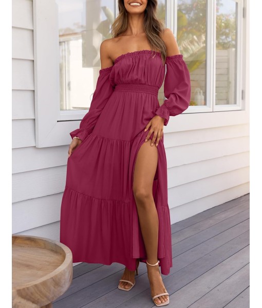 ZESICA Women's 2025 Boho Sexy Off Shoulder Long Sleeve Smocked High Waist Side Split Flowy A Line Tiered Long Maxi Dress
