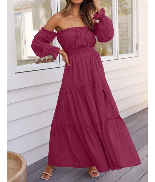 ZESICA Women's 2025 Boho Sexy Off Shoulder Long Sleeve Smocked High Waist Side Split Flowy A Line Tiered Long Maxi Dress