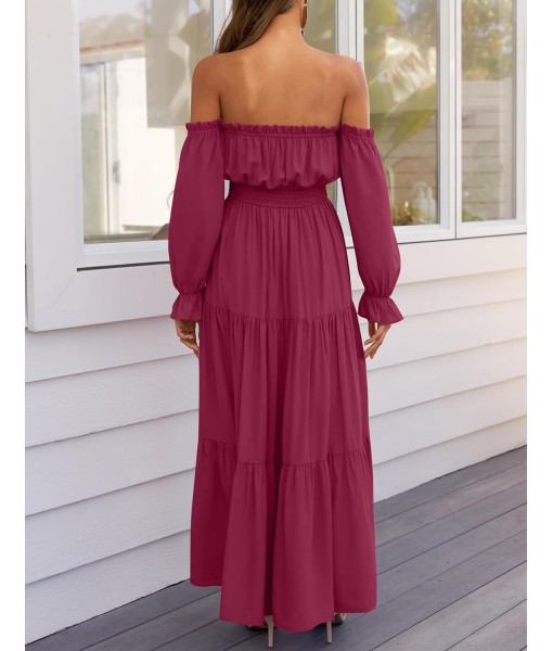 ZESICA Women's 2025 Boho Sexy Off Shoulder Long Sleeve Smocked High Waist Side Split Flowy A Line Tiered Long Maxi Dress