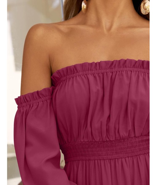 ZESICA Women's 2025 Boho Sexy Off Shoulder Long Sleeve Smocked High Waist Side Split Flowy A Line Tiered Long Maxi Dress