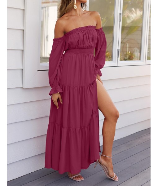 ZESICA Women's 2025 Boho Sexy Off Shoulder Long Sleeve Smocked High Waist Side Split Flowy A Line Tiered Long Maxi Dress
