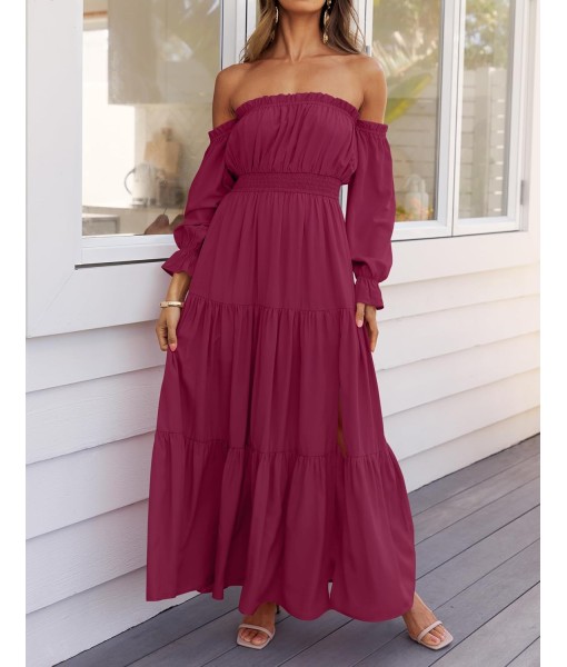 ZESICA Women's 2025 Boho Sexy Off Shoulder Long Sleeve Smocked High Waist Side Split Flowy A Line Tiered Long Maxi Dress