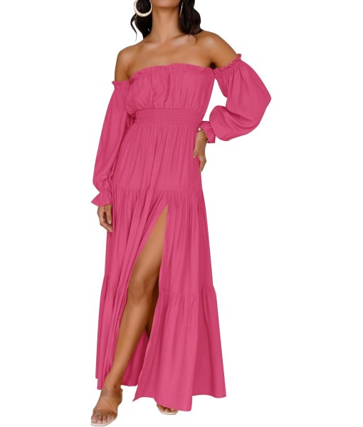 ZESICA Women's 2025 Boho Sexy Off Shoulder Long Sleeve Smocked High Waist Side Split Flowy A Line Tiered Long Maxi Dress