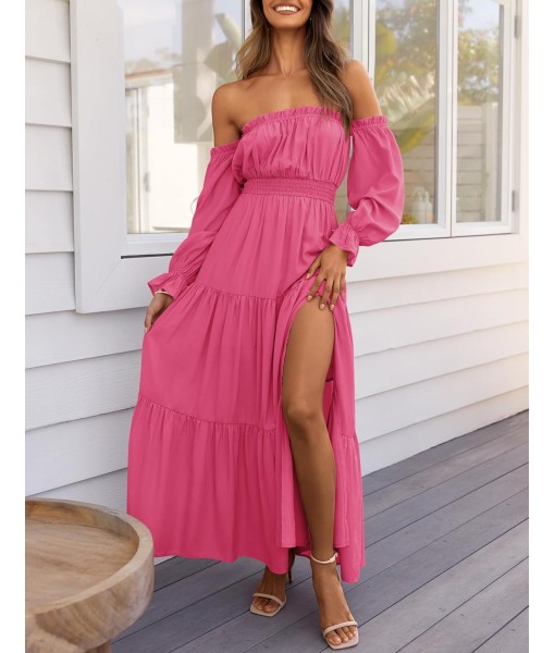 ZESICA Women's 2025 Boho Sexy Off Shoulder Long Sleeve Smocked High Waist Side Split Flowy A Line Tiered Long Maxi Dress