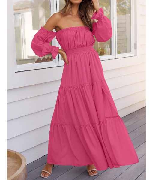 ZESICA Women's 2025 Boho Sexy Off Shoulder Long Sleeve Smocked High Waist Side Split Flowy A Line Tiered Long Maxi Dress