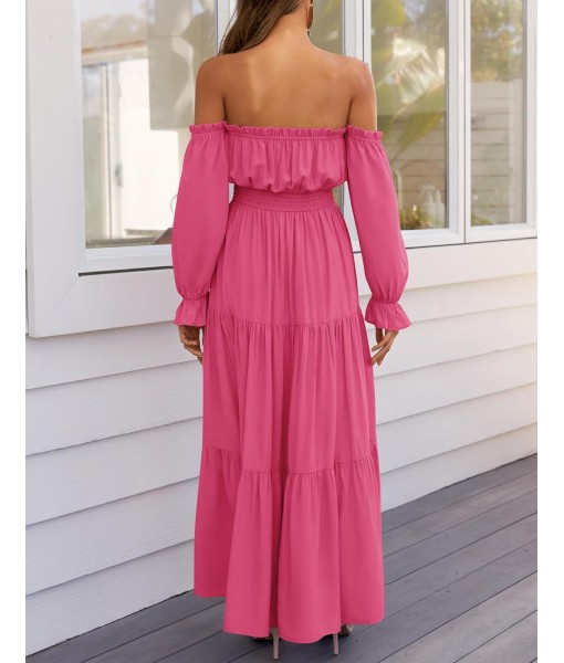 ZESICA Women's 2025 Boho Sexy Off Shoulder Long Sleeve Smocked High Waist Side Split Flowy A Line Tiered Long Maxi Dress