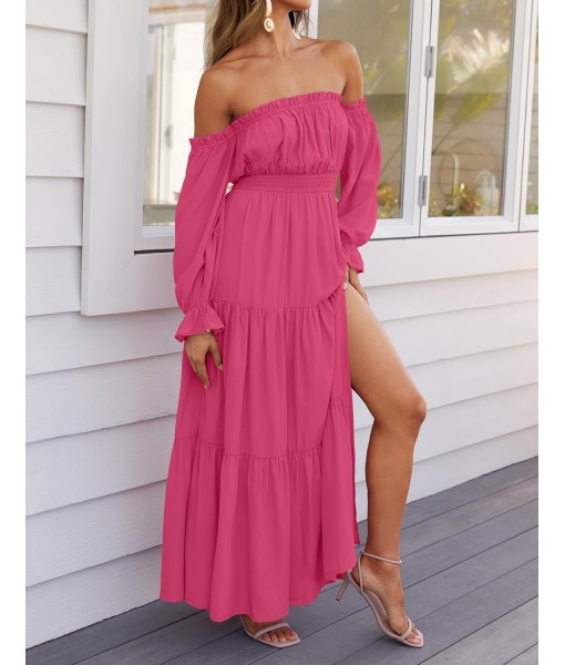 ZESICA Women's 2025 Boho Sexy Off Shoulder Long Sleeve Smocked High Waist Side Split Flowy A Line Tiered Long Maxi Dress