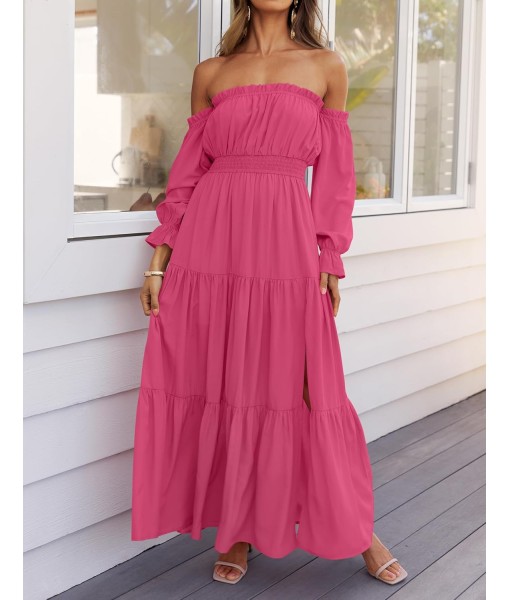 ZESICA Women's 2025 Boho Sexy Off Shoulder Long Sleeve Smocked High Waist Side Split Flowy A Line Tiered Long Maxi Dress