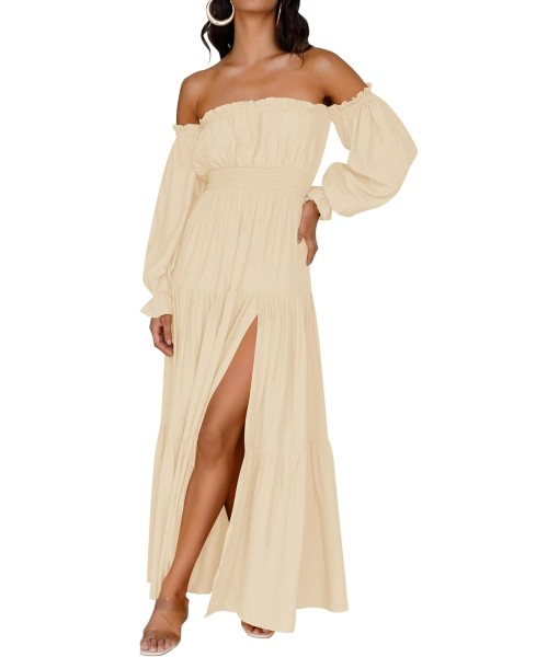 ZESICA Women's 2025 Boho Sexy Off Shoulder Long Sleeve Smocked High Waist Side Split Flowy A Line Tiered Long Maxi Dress