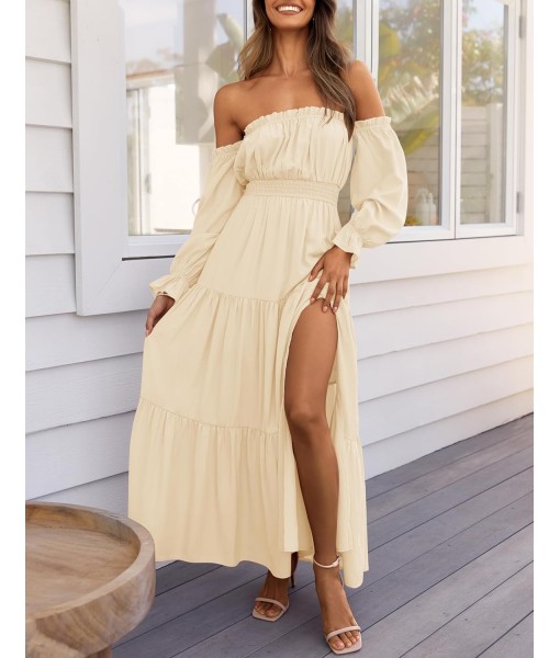 ZESICA Women's 2025 Boho Sexy Off Shoulder Long Sleeve Smocked High Waist Side Split Flowy A Line Tiered Long Maxi Dress