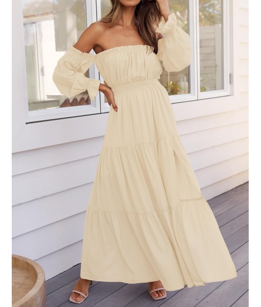 ZESICA Women's 2025 Boho Sexy Off Shoulder Long Sleeve Smocked High Waist Side Split Flowy A Line Tiered Long Maxi Dress
