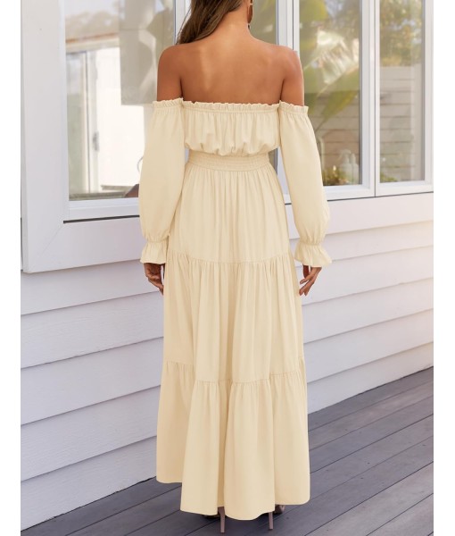 ZESICA Women's 2025 Boho Sexy Off Shoulder Long Sleeve Smocked High Waist Side Split Flowy A Line Tiered Long Maxi Dress