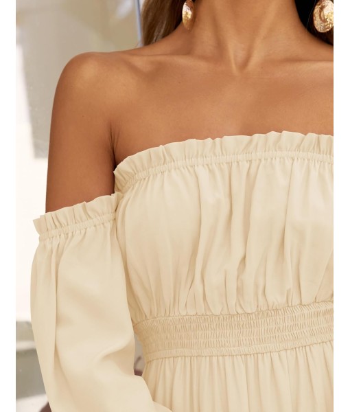 ZESICA Women's 2025 Boho Sexy Off Shoulder Long Sleeve Smocked High Waist Side Split Flowy A Line Tiered Long Maxi Dress