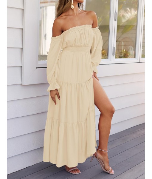 ZESICA Women's 2025 Boho Sexy Off Shoulder Long Sleeve Smocked High Waist Side Split Flowy A Line Tiered Long Maxi Dress