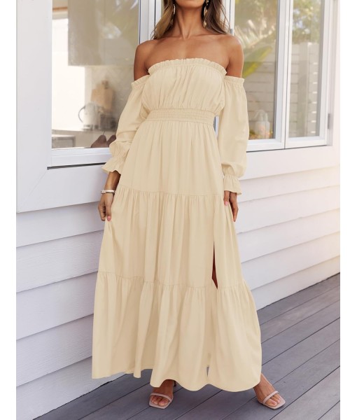 ZESICA Women's 2025 Boho Sexy Off Shoulder Long Sleeve Smocked High Waist Side Split Flowy A Line Tiered Long Maxi Dress