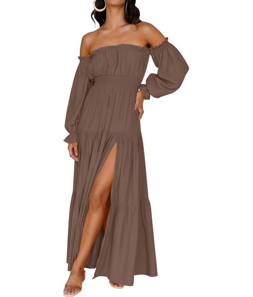 ZESICA Women's 2025 Boho Sexy Off Shoulder Long Sleeve Smocked High Waist Side Split Flowy A Line Tiered Long Maxi Dress