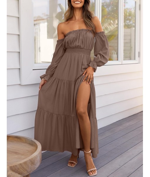 ZESICA Women's 2025 Boho Sexy Off Shoulder Long Sleeve Smocked High Waist Side Split Flowy A Line Tiered Long Maxi Dress