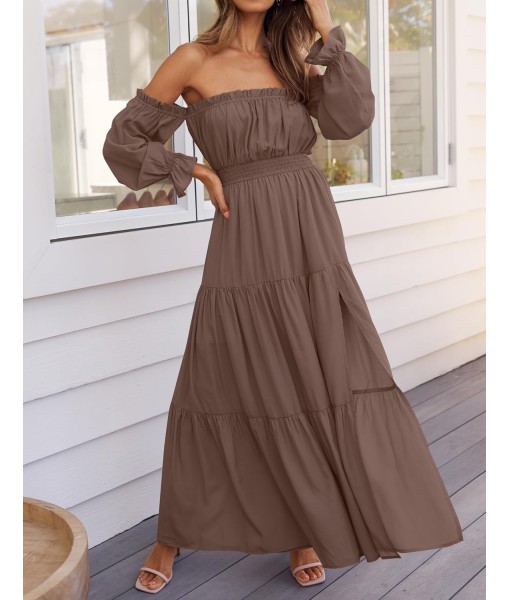 ZESICA Women's 2025 Boho Sexy Off Shoulder Long Sleeve Smocked High Waist Side Split Flowy A Line Tiered Long Maxi Dress
