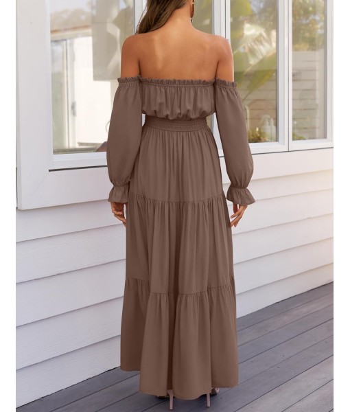 ZESICA Women's 2025 Boho Sexy Off Shoulder Long Sleeve Smocked High Waist Side Split Flowy A Line Tiered Long Maxi Dress