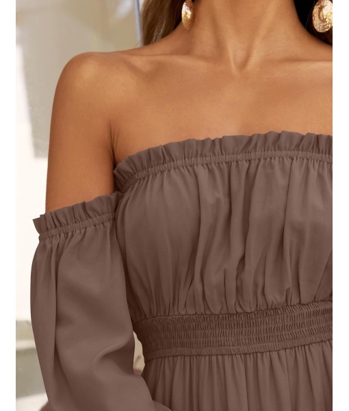 ZESICA Women's 2025 Boho Sexy Off Shoulder Long Sleeve Smocked High Waist Side Split Flowy A Line Tiered Long Maxi Dress