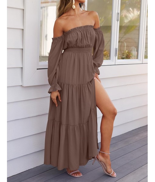 ZESICA Women's 2025 Boho Sexy Off Shoulder Long Sleeve Smocked High Waist Side Split Flowy A Line Tiered Long Maxi Dress