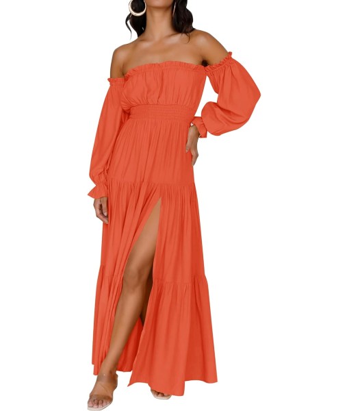 ZESICA Women's 2025 Boho Sexy Off Shoulder Long Sleeve Smocked High Waist Side Split Flowy A Line Tiered Long Maxi Dress