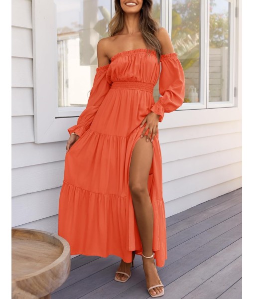 ZESICA Women's 2025 Boho Sexy Off Shoulder Long Sleeve Smocked High Waist Side Split Flowy A Line Tiered Long Maxi Dress