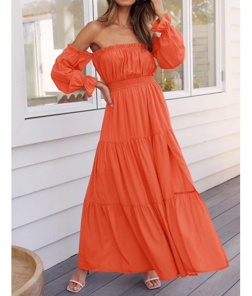 ZESICA Women's 2025 Boho Sexy Off Shoulder Long Sleeve Smocked High Waist Side Split Flowy A Line Tiered Long Maxi Dress