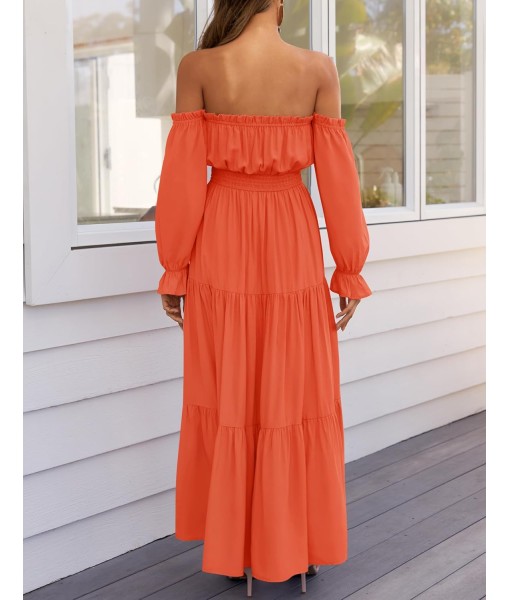 ZESICA Women's 2025 Boho Sexy Off Shoulder Long Sleeve Smocked High Waist Side Split Flowy A Line Tiered Long Maxi Dress