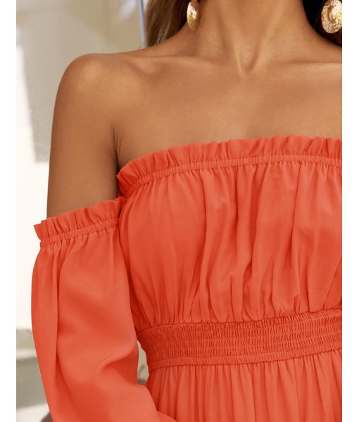 ZESICA Women's 2025 Boho Sexy Off Shoulder Long Sleeve Smocked High Waist Side Split Flowy A Line Tiered Long Maxi Dress