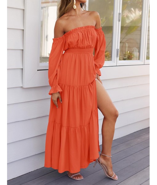 ZESICA Women's 2025 Boho Sexy Off Shoulder Long Sleeve Smocked High Waist Side Split Flowy A Line Tiered Long Maxi Dress
