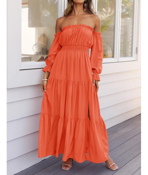 ZESICA Women's 2025 Boho Sexy Off Shoulder Long Sleeve Smocked High Waist Side Split Flowy A Line Tiered Long Maxi Dress