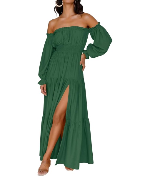 ZESICA Women's 2025 Boho Sexy Off Shoulder Long Sleeve Smocked High Waist Side Split Flowy A Line Tiered Long Maxi Dress