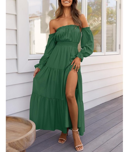 ZESICA Women's 2025 Boho Sexy Off Shoulder Long Sleeve Smocked High Waist Side Split Flowy A Line Tiered Long Maxi Dress