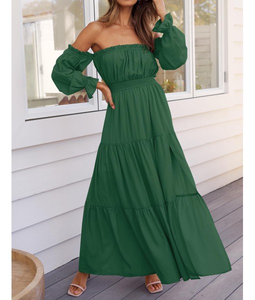 ZESICA Women's 2025 Boho Sexy Off Shoulder Long Sleeve Smocked High Waist Side Split Flowy A Line Tiered Long Maxi Dress